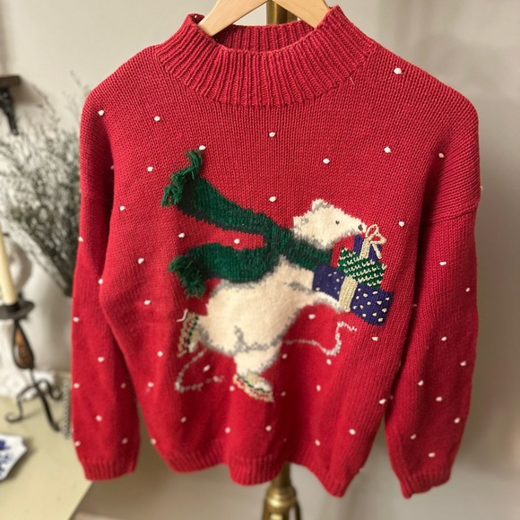 Marisa Christina Sweaters Vintage Red Polar Bear Ice Skating